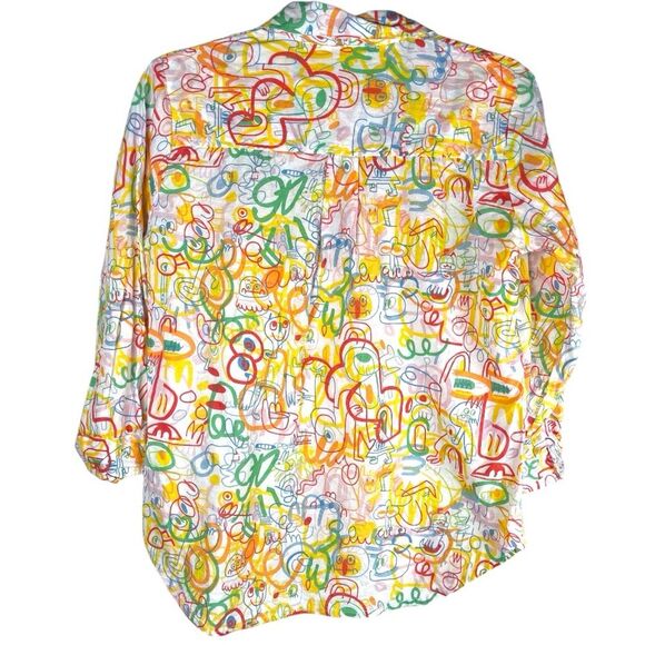 Tizzie Multicolor Abstract Graffiti Art Print 3/4 Sleeve Tie Neck Top Size Small - Picture 2 of 6